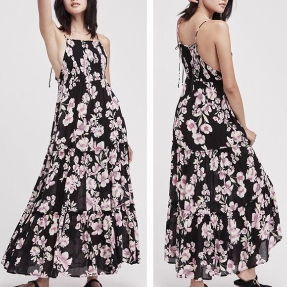 Free People Dresses & Skirts - Free People Garden Party Dress Onyx Floral Smocked Bust Adjustable Tie Straps